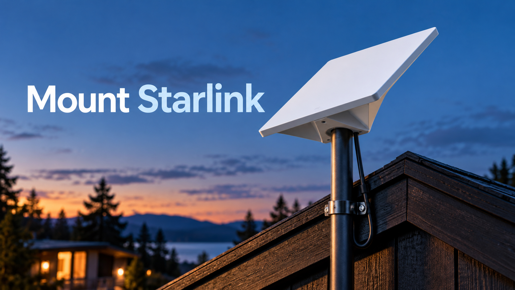 Starlink Mini mounted on a metal pole using its triangular pipe adapter, with a neatly routed cable.