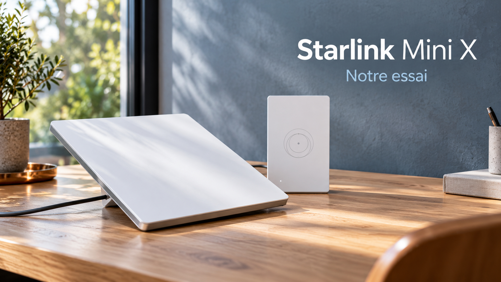 Terminal Starlink Mini et Router Mini séparé dans une composition éditoriale lumineuse.