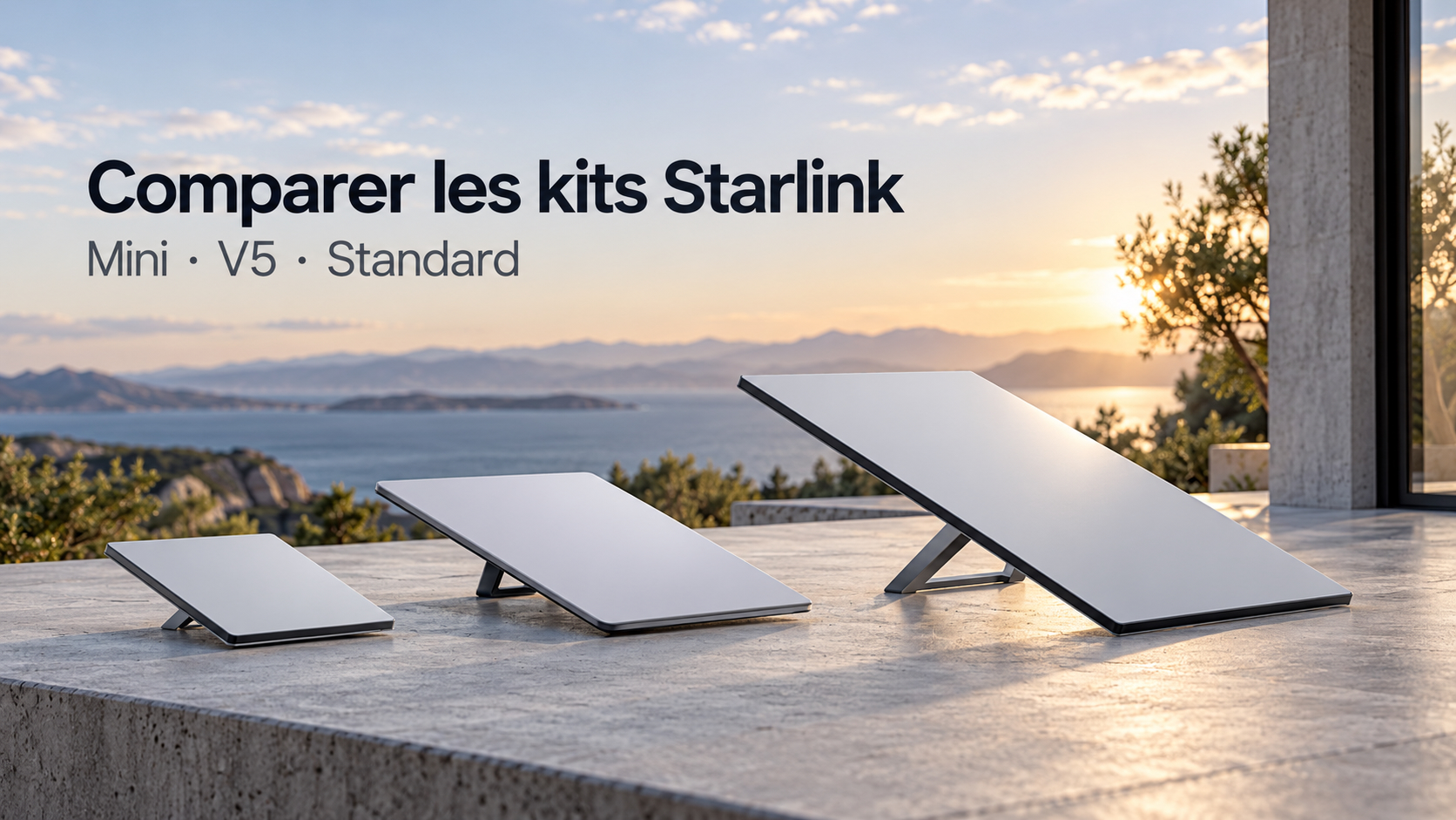 Terminaux Starlink Mini, V5 et Standard 4 réunis pour une comparaison visuelle des kits.