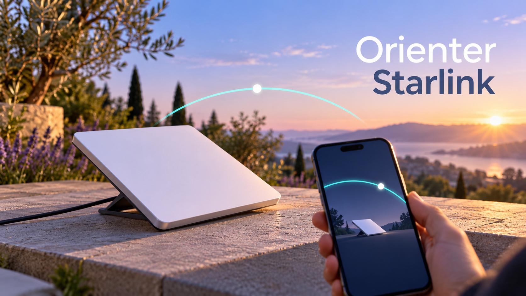 Starlink Mini près d’un smartphone avec une flèche d’orientation stylisée et un ciel dégagé.