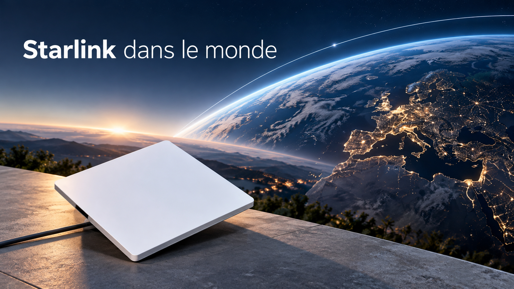 Starlink Mini avec la Terre de nuit et un arc orbital discret dans une illustration éditoriale.