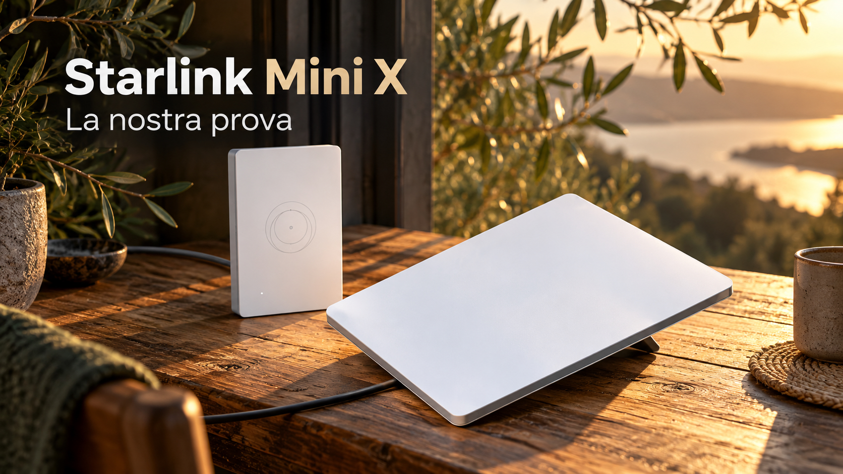 Terminale Starlink Mini e Router Mini separato in una composizione editoriale con luce calda.