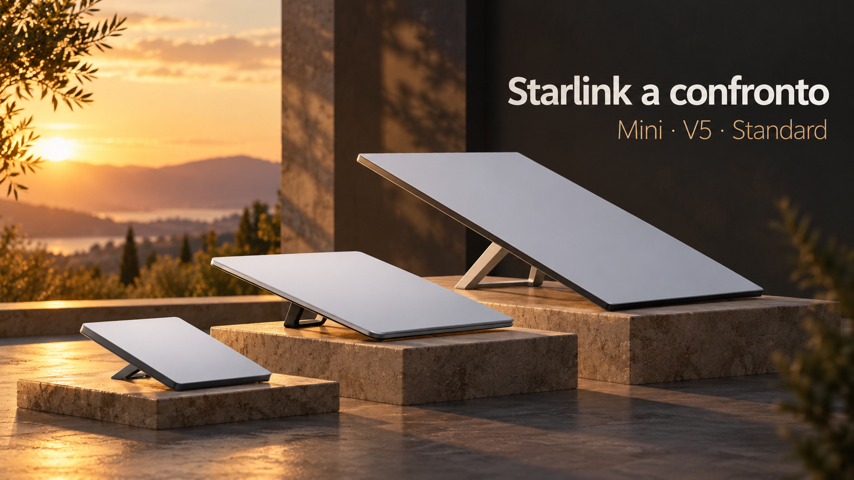 Terminali Starlink Mini, V5 e Standard 4 affiancati per un confronto visivo dell’hardware.