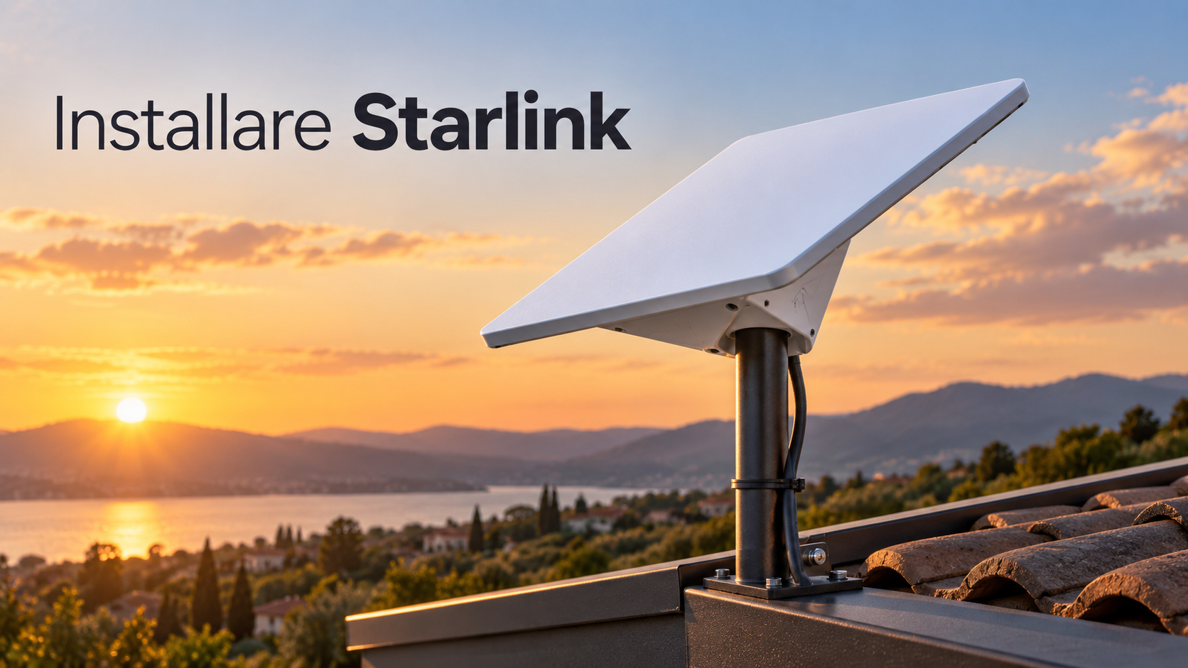 Starlink Mini montato su un palo metallico con il suo adattatore triangolare e il cavo ordinato.