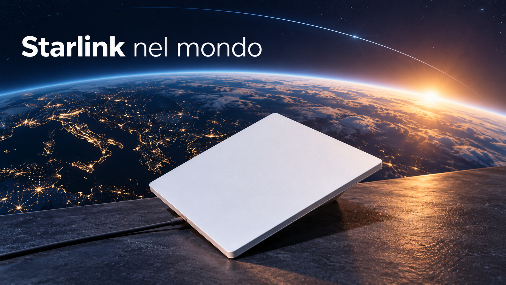 Starlink Mini con la Terra di notte e una sottile linea orbitale in un’illustrazione editoriale.