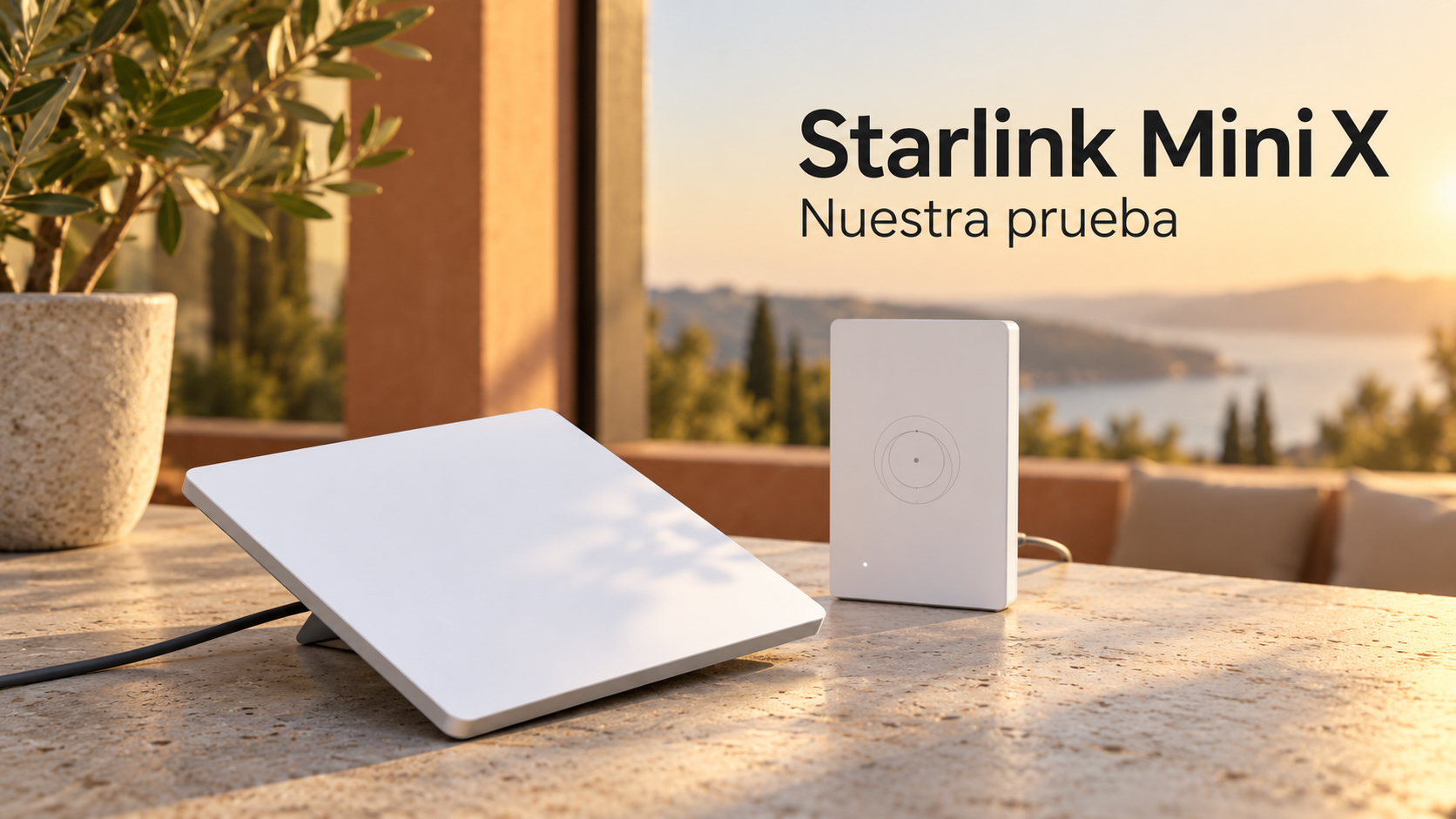 Terminal Starlink Mini y Router Mini separado en una composición editorial con luz cálida.