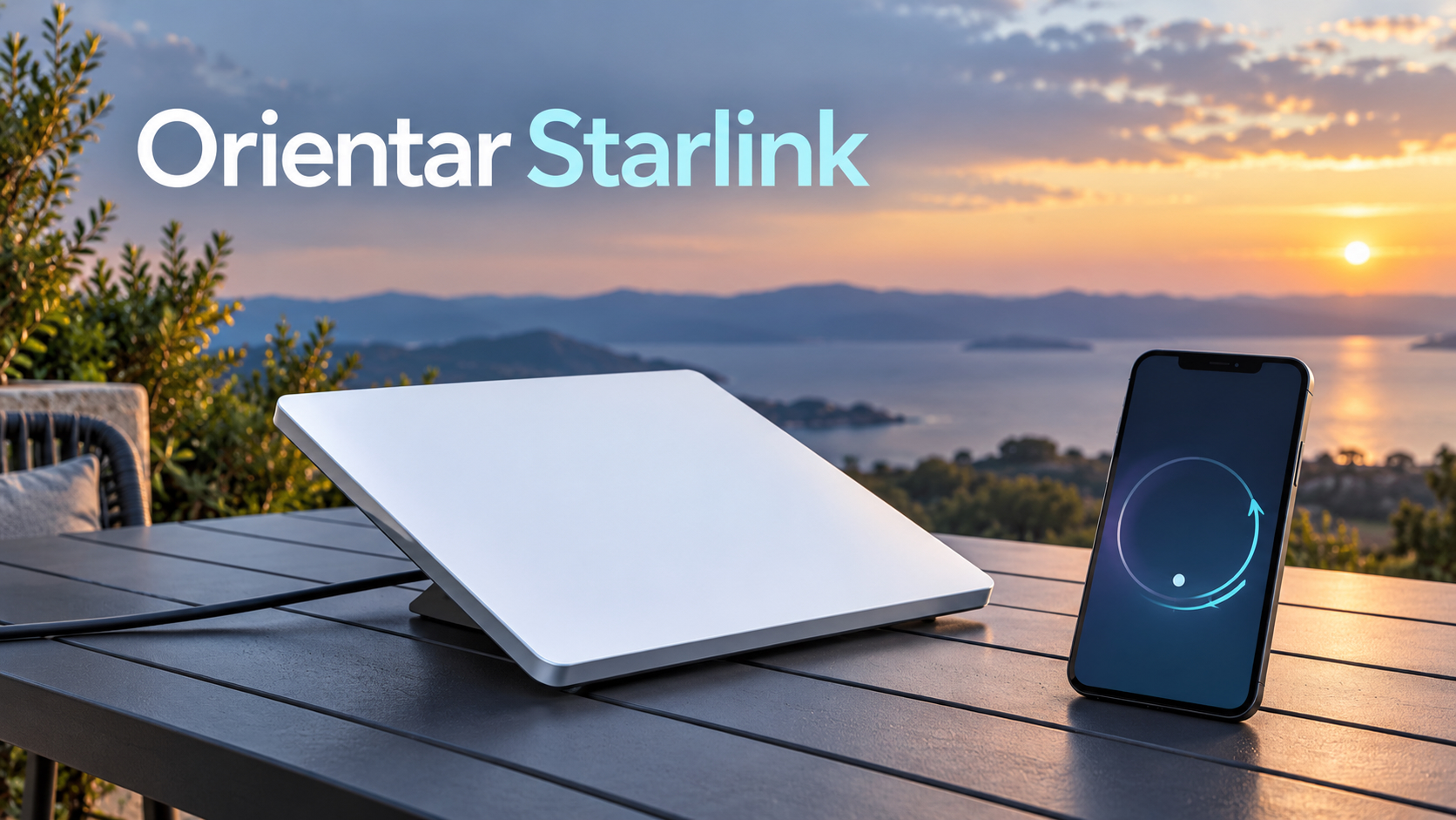Starlink Mini junto a un móvil con una flecha de orientación ilustrada y el cielo despejado.
