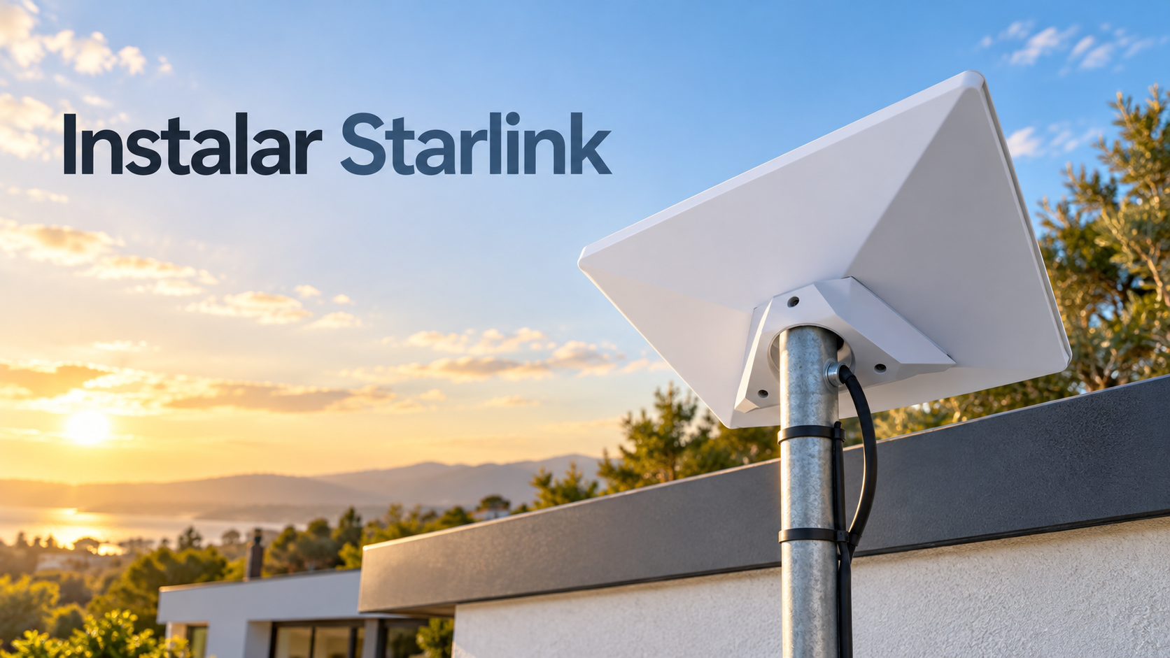 Starlink Mini montado en un poste metálico con su adaptador triangular y el cable bien guiado.
