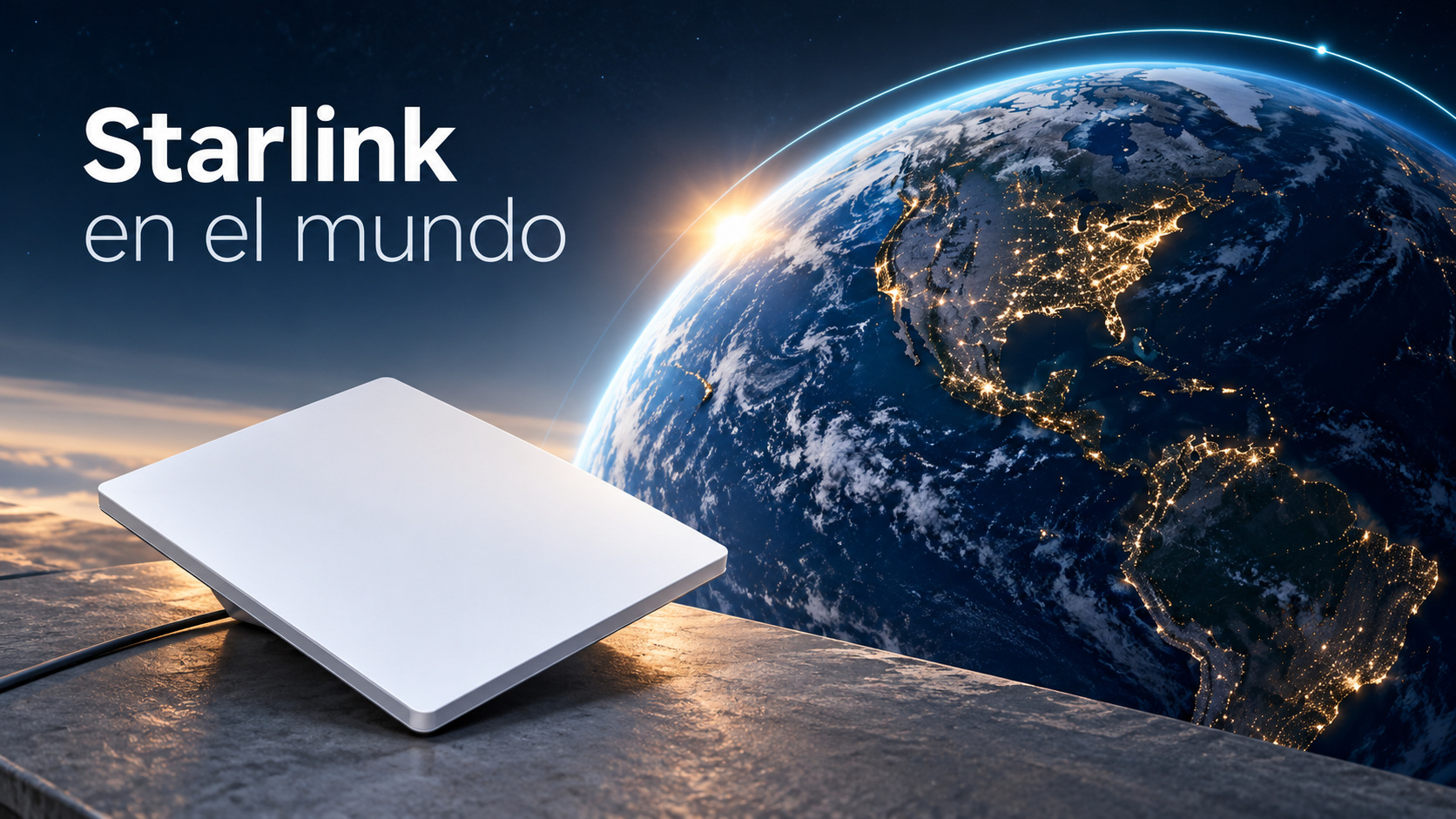 Starlink Mini con la Tierra de noche y un fino arco orbital en una ilustración editorial.