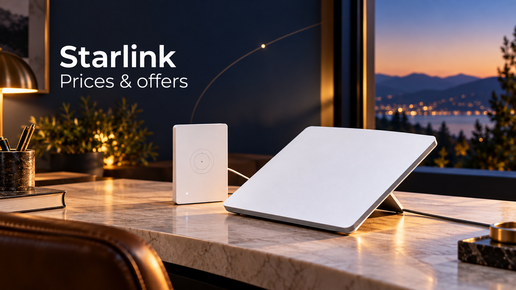 Starlink terminal and router on a desk by a window at dusk, with subtle orbital lines.