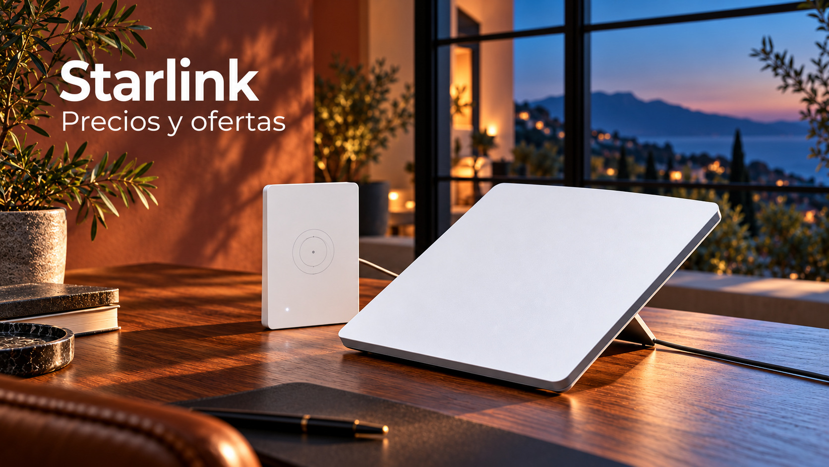 Terminal y router Starlink sobre un escritorio junto a una ventana al anochecer.