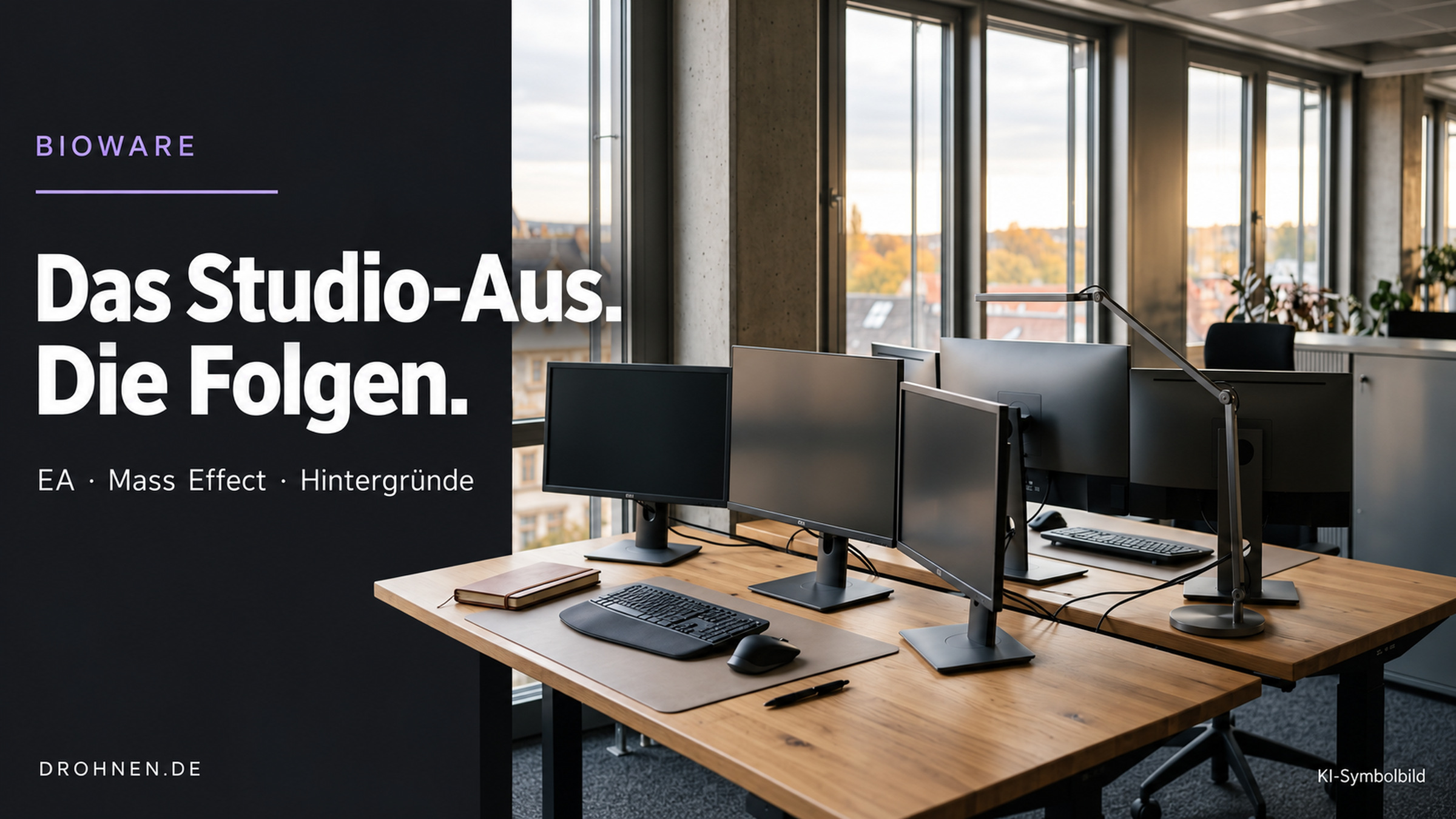 KI-Symbolbild eines leeren Entwicklerarbeitsplatzes mit dem Titel BioWare: Das Studio-Aus. Die Folgen.