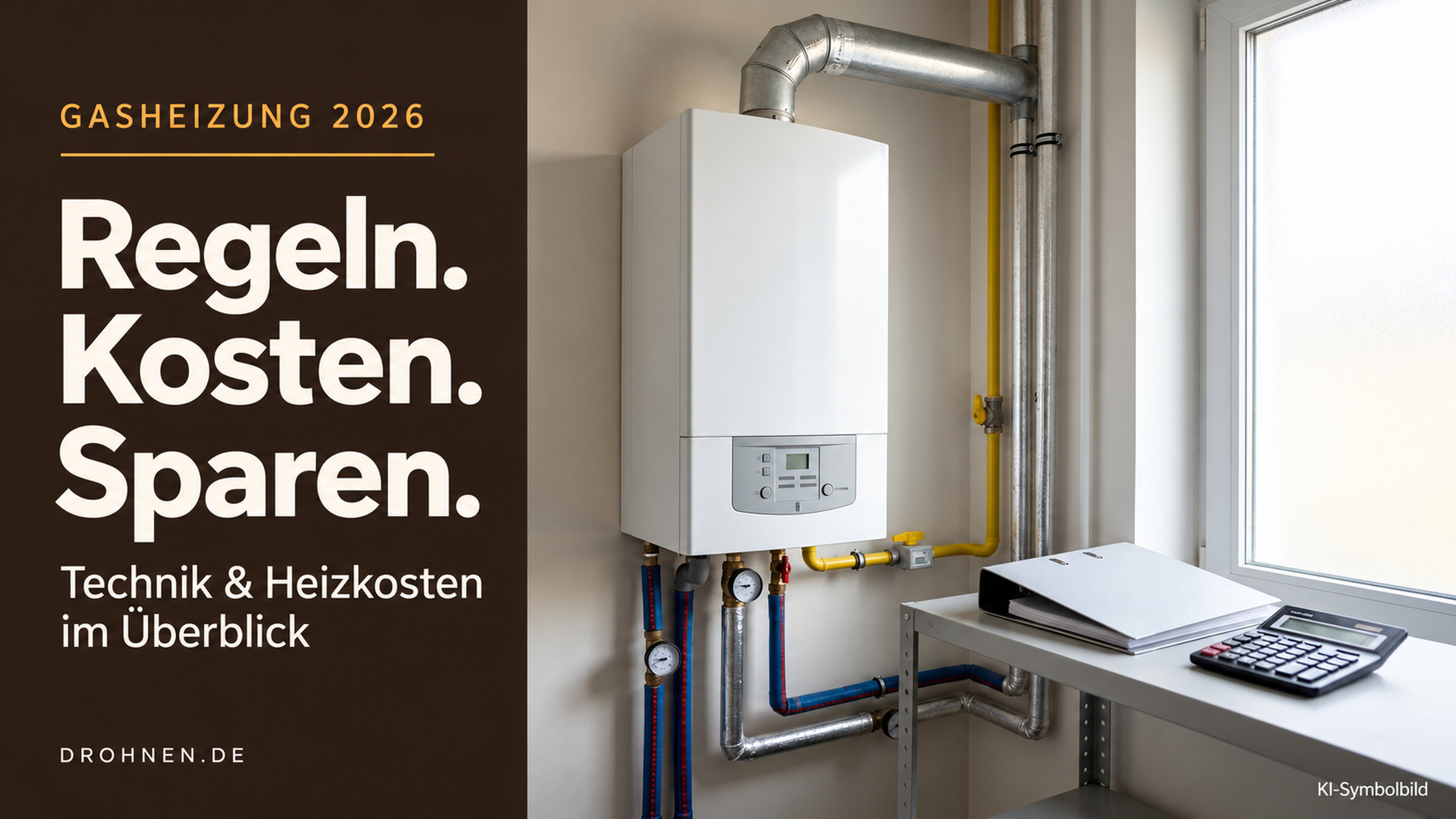 KI-Symbolbild einer geschlossenen Gasheizung mit Taschenrechner und dem Titel Regeln. Kosten. Sparen.