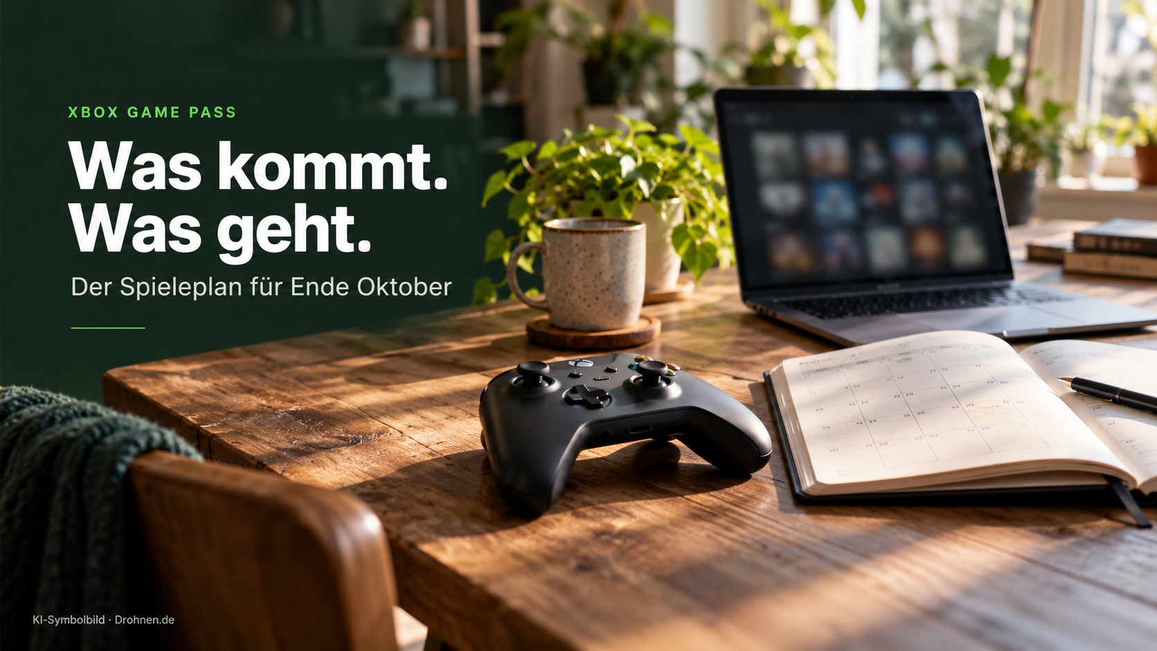 KI-Symbolbild: Schwarzer Gamecontroller, Kalender und Laptop in einem hellen Wohnraum mit grünen Pflanzenakzenten.