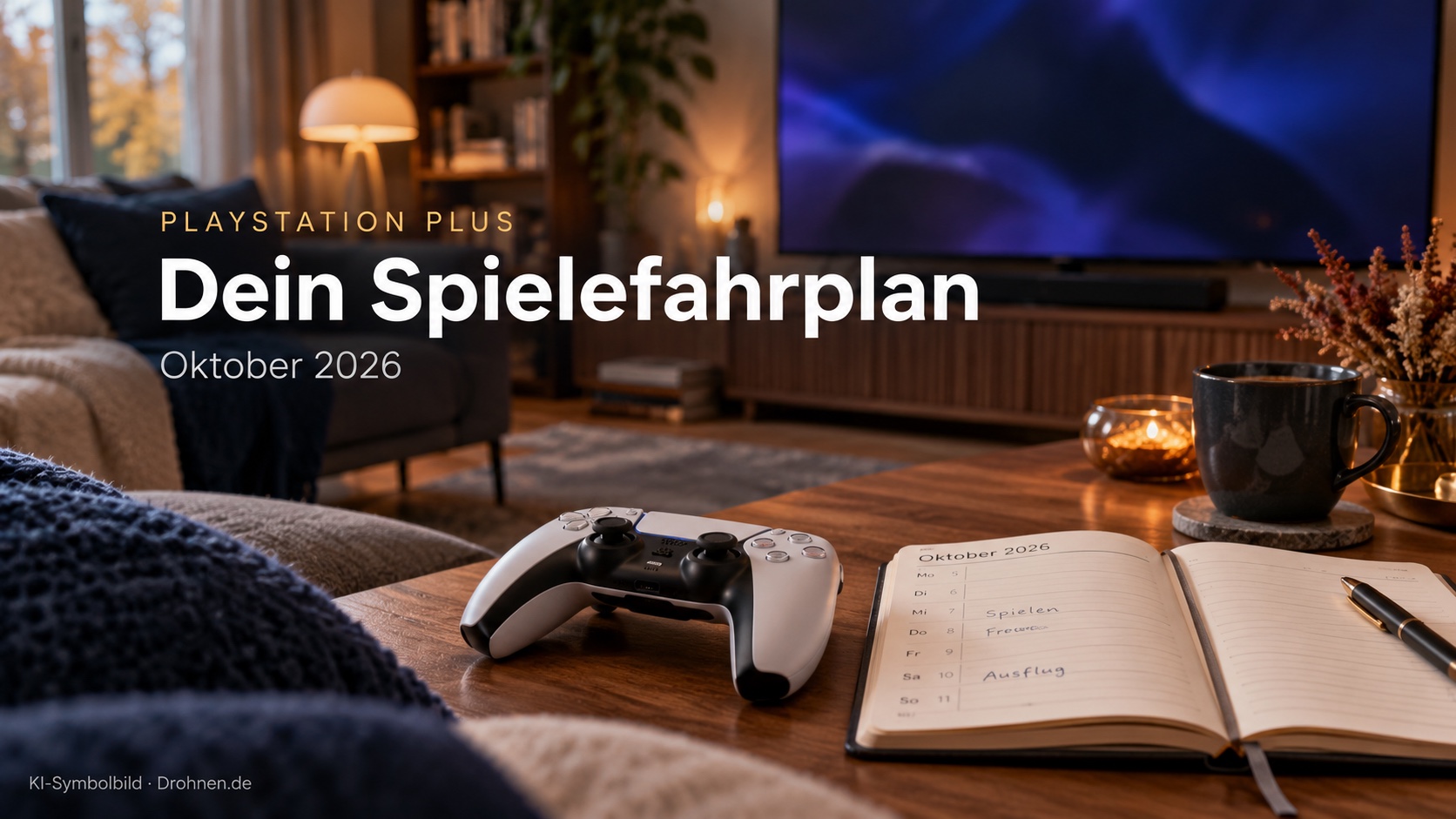 KI-Symbolbild: Heller Gamecontroller und Wochenplaner in einem gemütlichen Wohnzimmer; Titel PlayStation Plus und Dein Spielefahrplan.