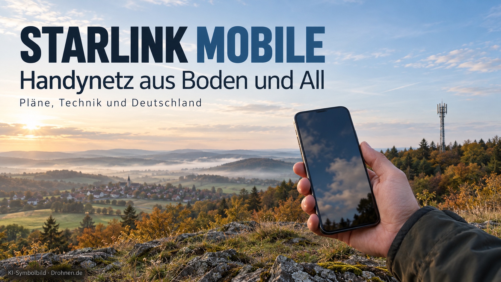 KI-Symbolbild: Eine Hand hält ein Smartphone mit dunklem Display auf einem herbstlichen Hügel; im Hintergrund steht ein Mobilfunkmast.