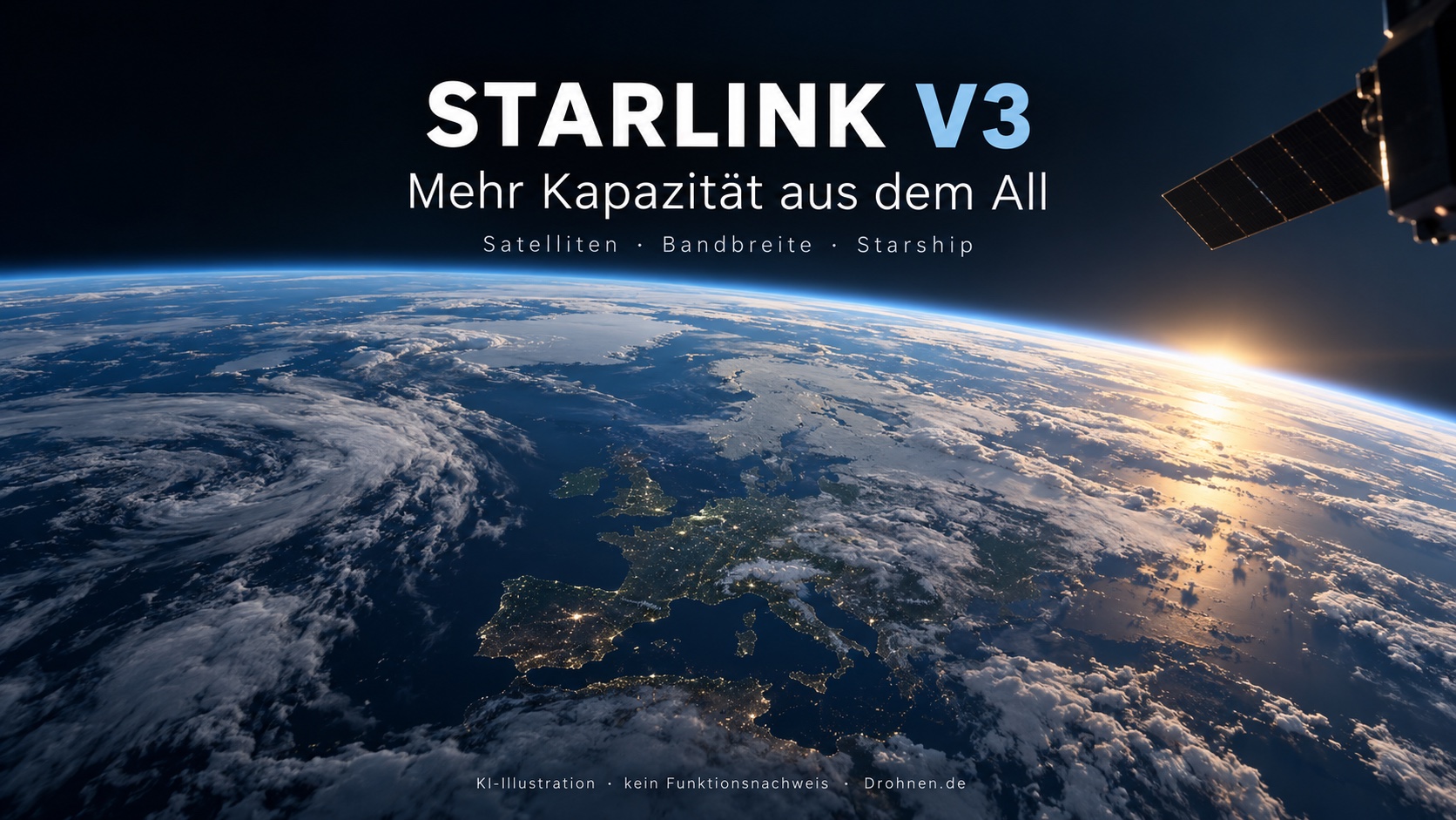 KI-Illustration: Blick aus niedrigem Erdorbit auf die Erde mit einer kleinen generischen Satellitensilhouette am Bildrand; Titel Starlink V3.
