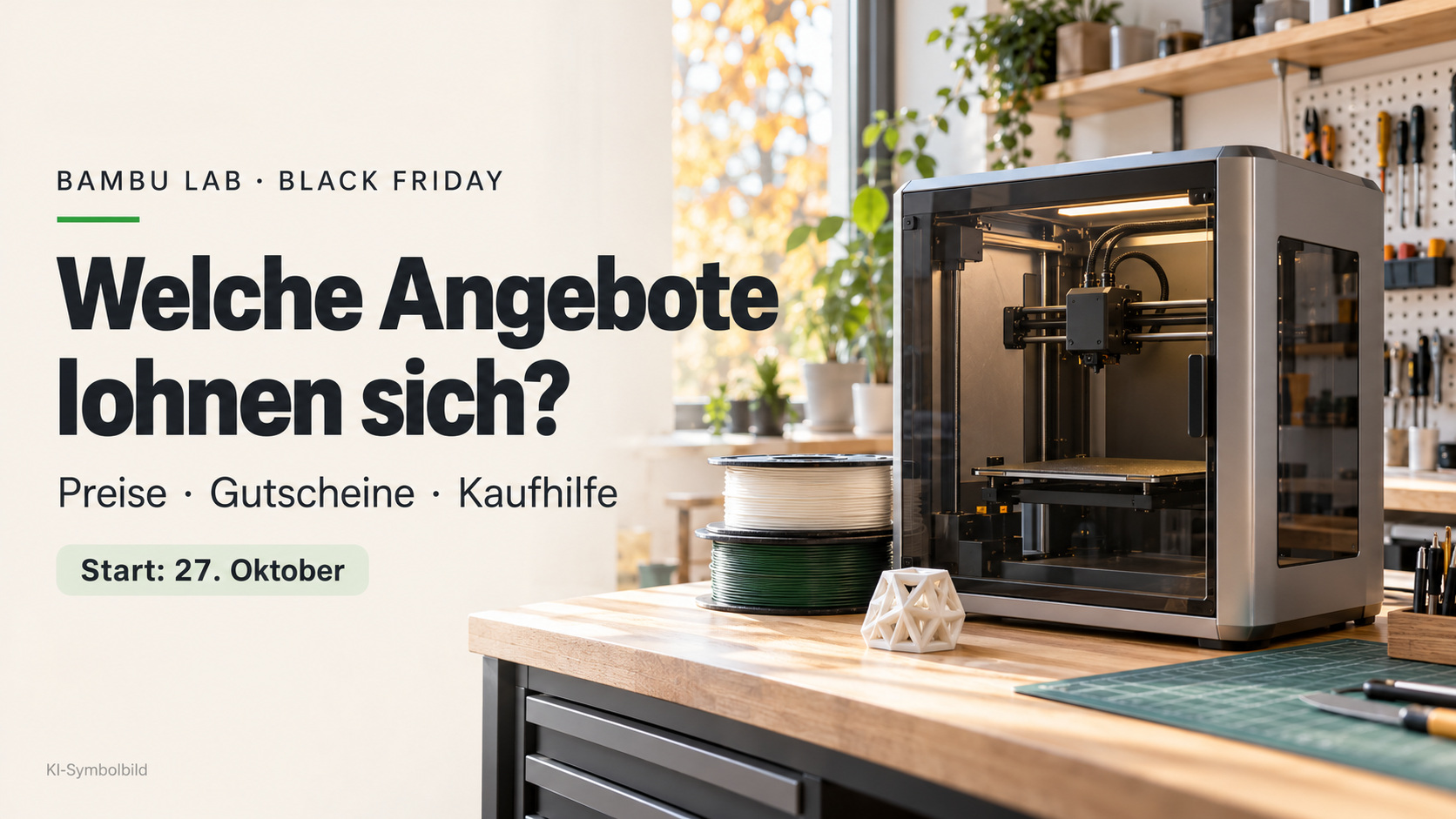 3D-Drucker und Filament in einer Werkstatt, Titelgrafik zu Bambu Lab Black Friday 2026