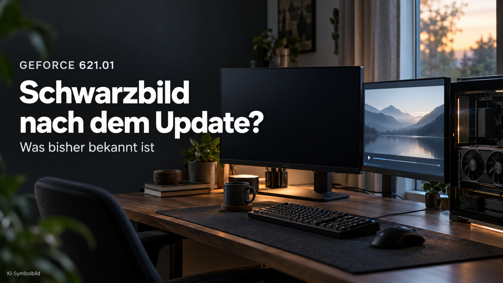 Monitor und Gaming-PC als Symbolmotiv zu Schwarzbild-Berichten nach Nvidia 621.01
