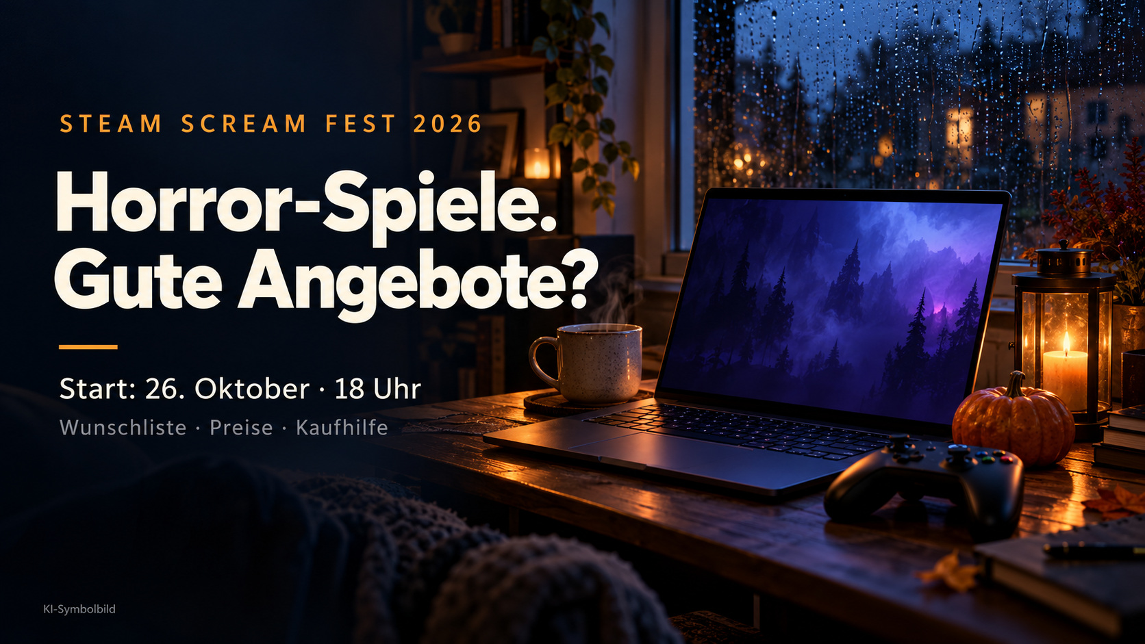Laptop und Controller im Herbst als Symbolmotiv zum Steam Halloween Sale 2026