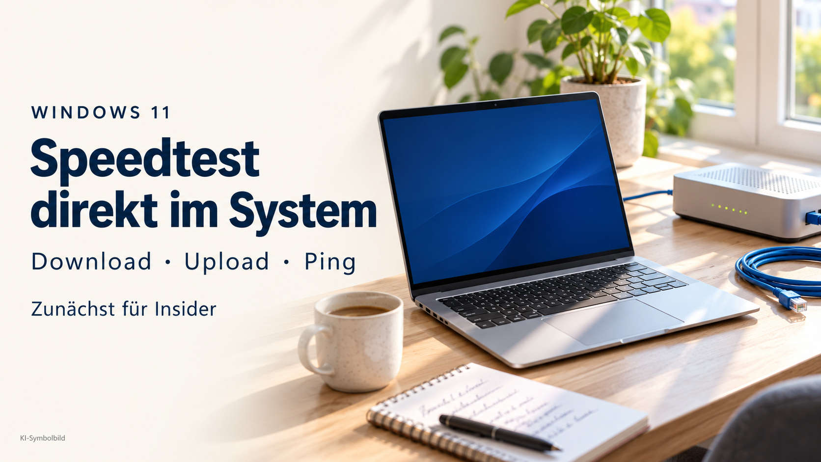 Laptop, Router und Netzwerkkabel als Symbolmotiv zum Windows-11-Speedtest
