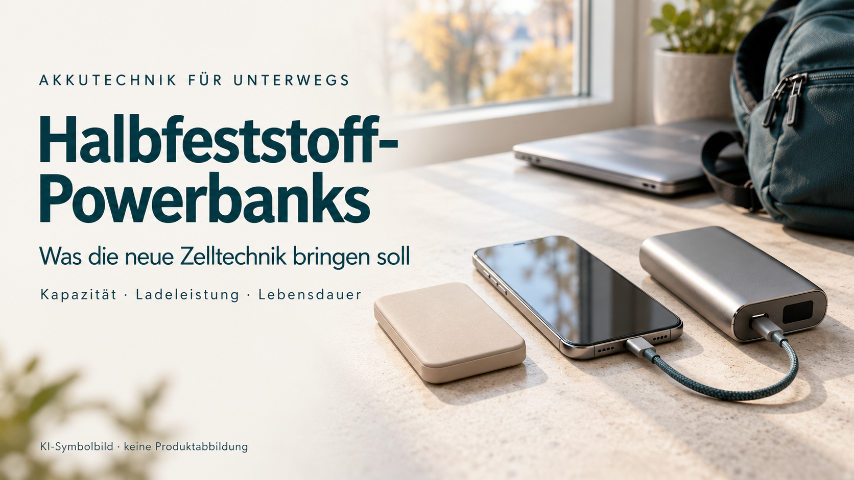 Mobile Akkus und USB-C-Kabel als Symbolmotiv zur Halbfeststoff-Powerbank-Technik
