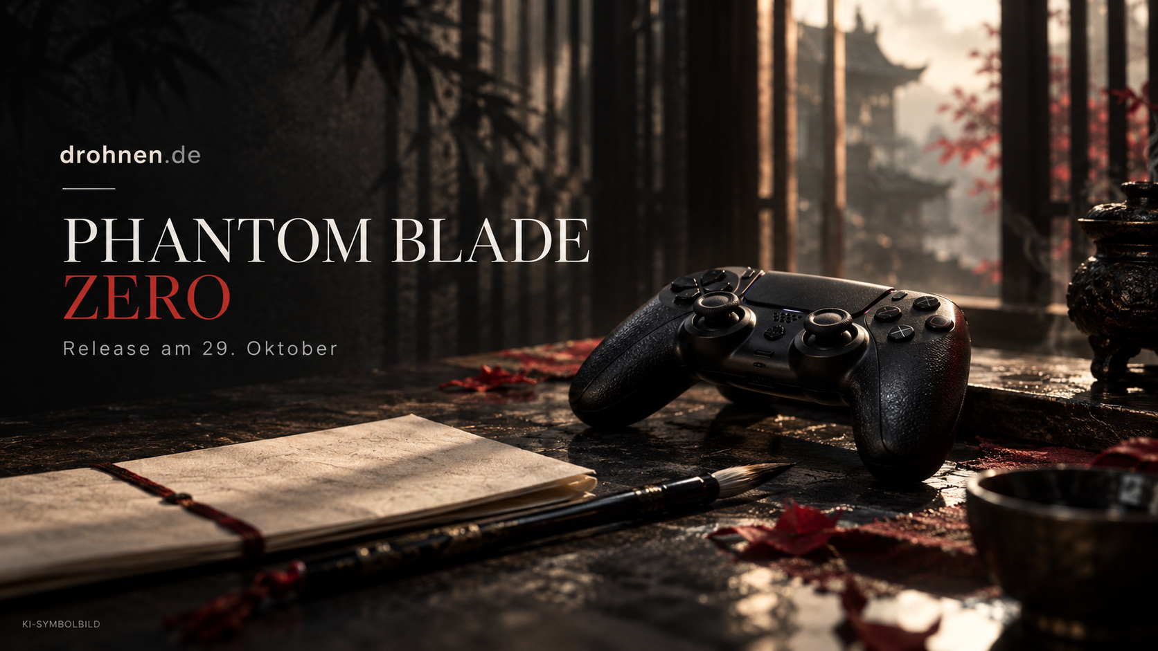 Controller und Schreibutensilien als Symbolmotiv zum Release von Phantom Blade Zero