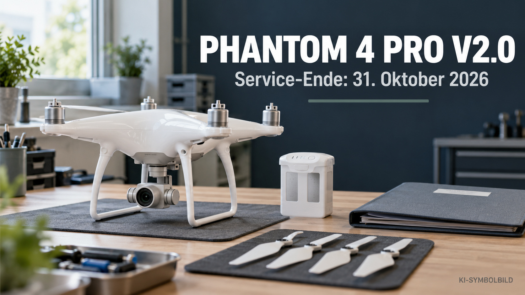 Ältere weiße Kameradrohne auf einer Werkbank als Symbolmotiv zum DJI-Service-Ende