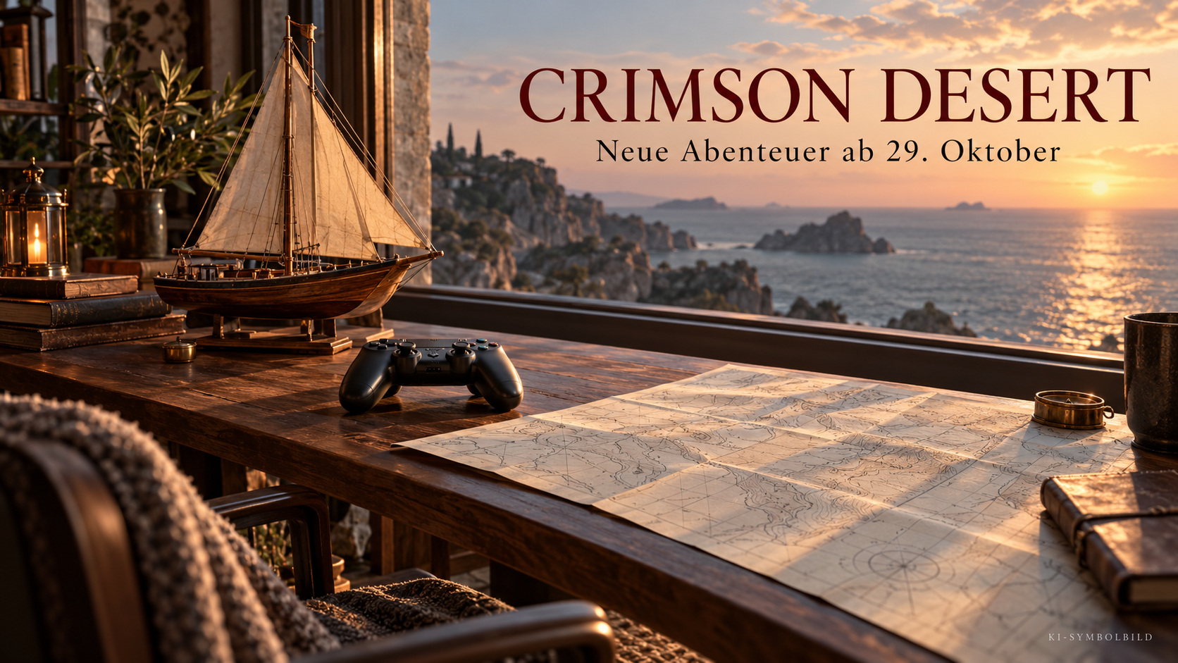 Controller, Segelbootmodell und Karte als Symbolmotiv zum Crimson-Desert-DLC