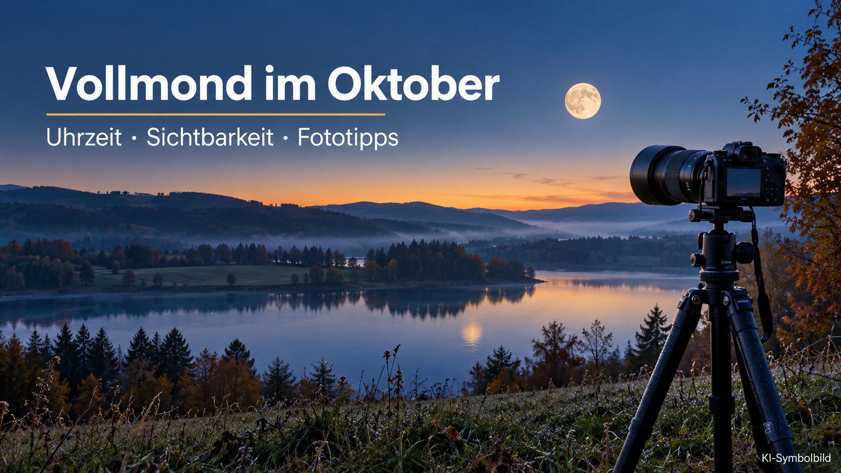 Vollmond über einem See in der Morgendämmerung, rechts eine Kamera auf einem Stativ