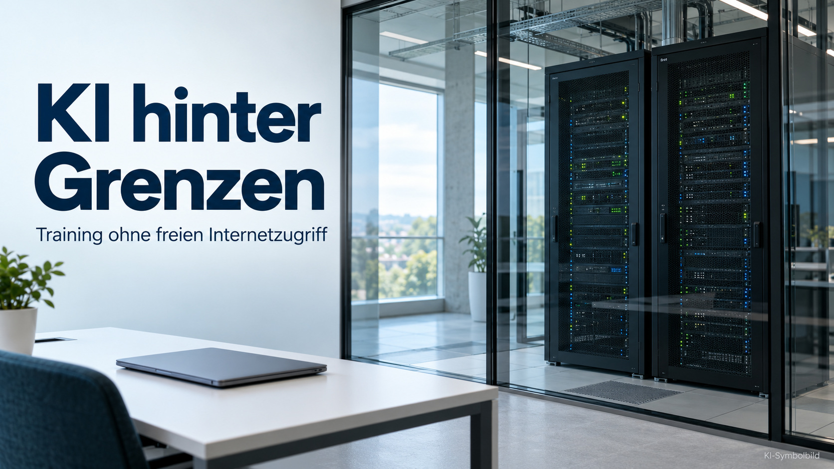 Generische Server hinter einer Glasscheibe und ein geschlossener Laptop