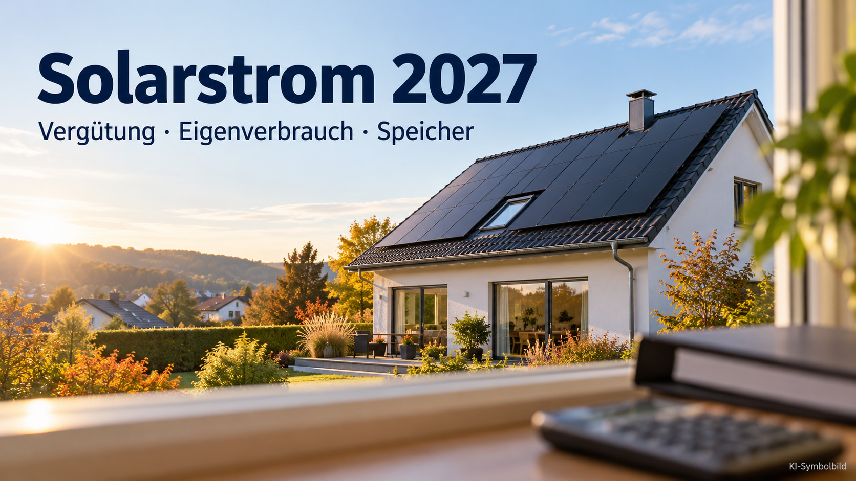 Blick auf ein Hausdach mit Photovoltaik und Unterlagen zur privaten Stromplanung