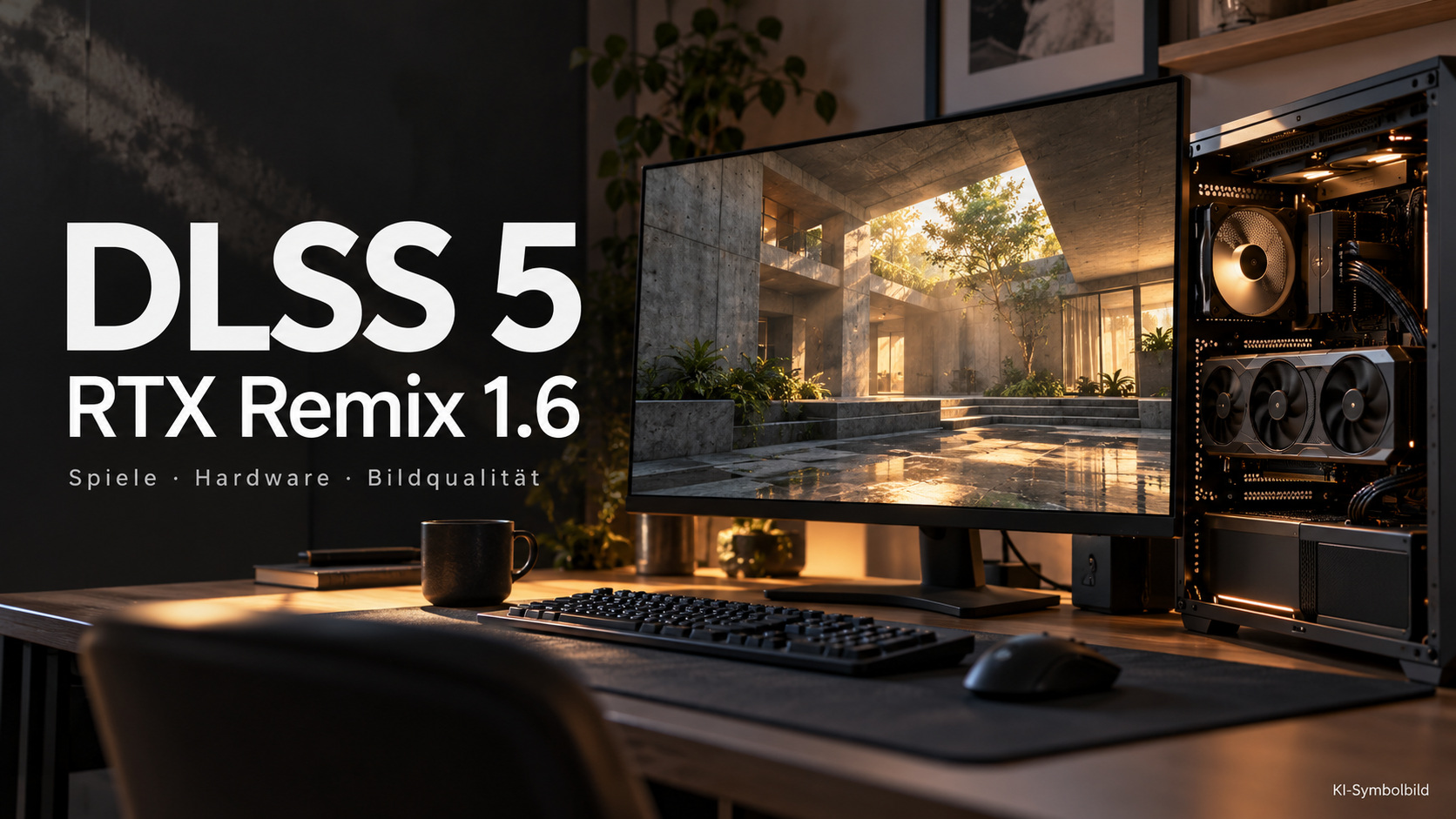 Gaming-Arbeitsplatz mit einer fiktiven 3D-Szene auf dem Monitor
