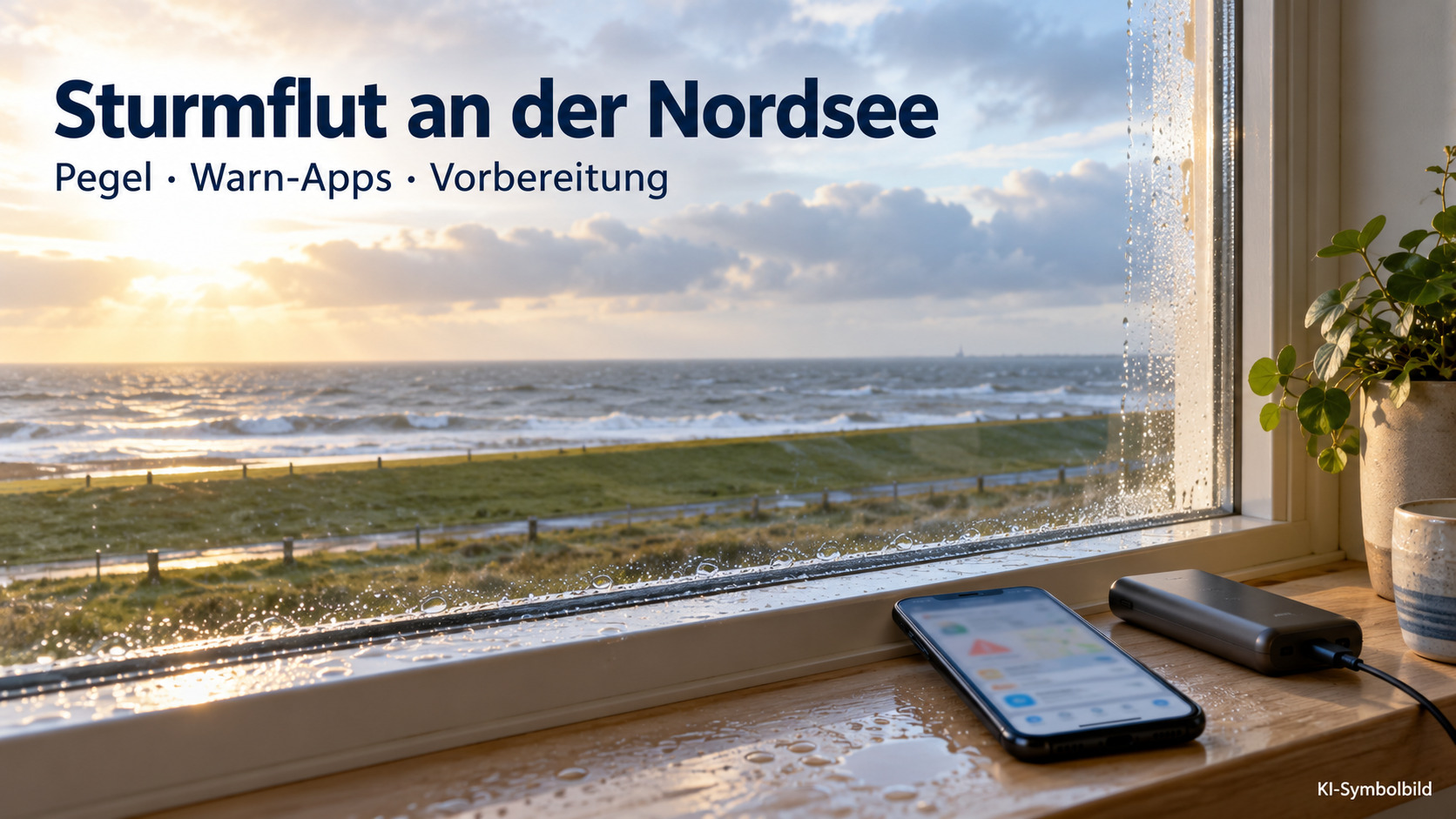 Blick auf eine fiktive Küstenlandschaft mit Smartphone und Powerbank als Symbol für Warninformationen
