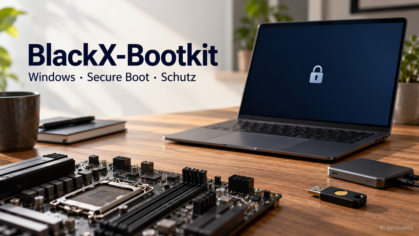 Markenloser Laptop, Backup-Laufwerk und Mainboard als Symbol für den Schutz des Startprozesses
