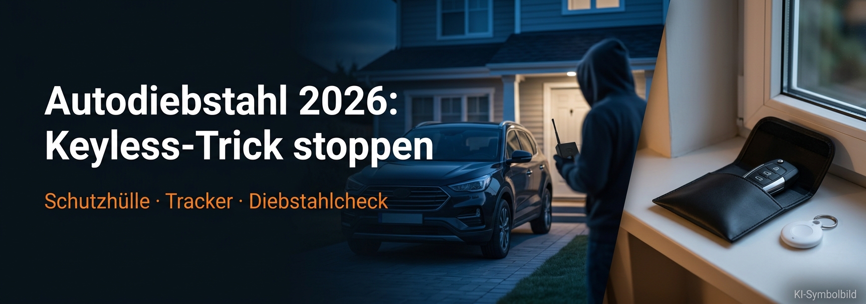 Auto bei Nacht in einer Wohnstraße, eingeblendet ein durchgestrichenes Funksignal zwischen Haus und Fahrzeug, Schriftzug zum Keyless-Schutz.