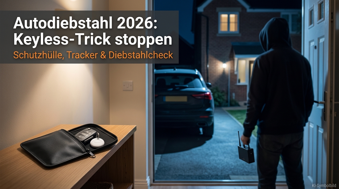 SUV bei Nacht vor einem Wohnhaus, im Vordergrund ein Autoschlüssel in einer abschirmenden Schlüsselbox.