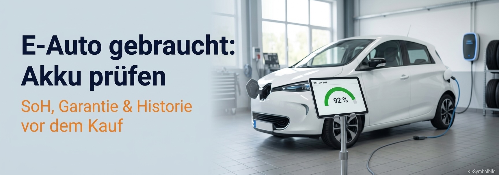 Gebrauchtes Elektroauto mit eingeblendeter Batterieanzeige, Schriftzug zum Akku-Check beim Gebrauchtkauf.