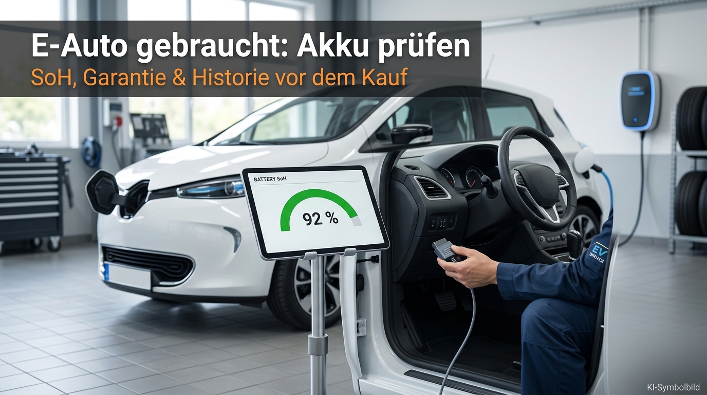 Gebrauchtes Elektroauto an einer Ladesäule, daneben ein Prüfer mit Diagnose-Tablet am Ladeanschluss.