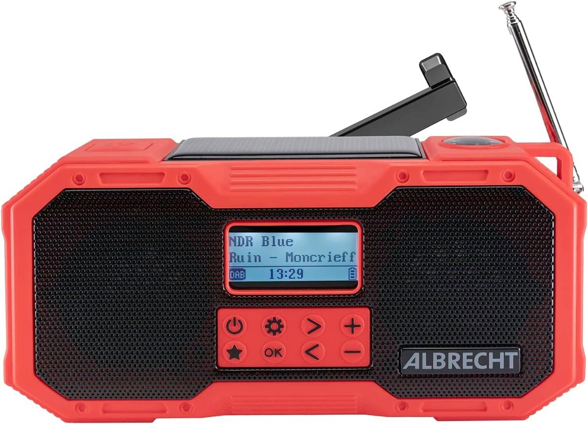 Albrecht DR 112 Kurbelradio mit DAB+ und UKW in Rot mit Kurbel und Solarzelle