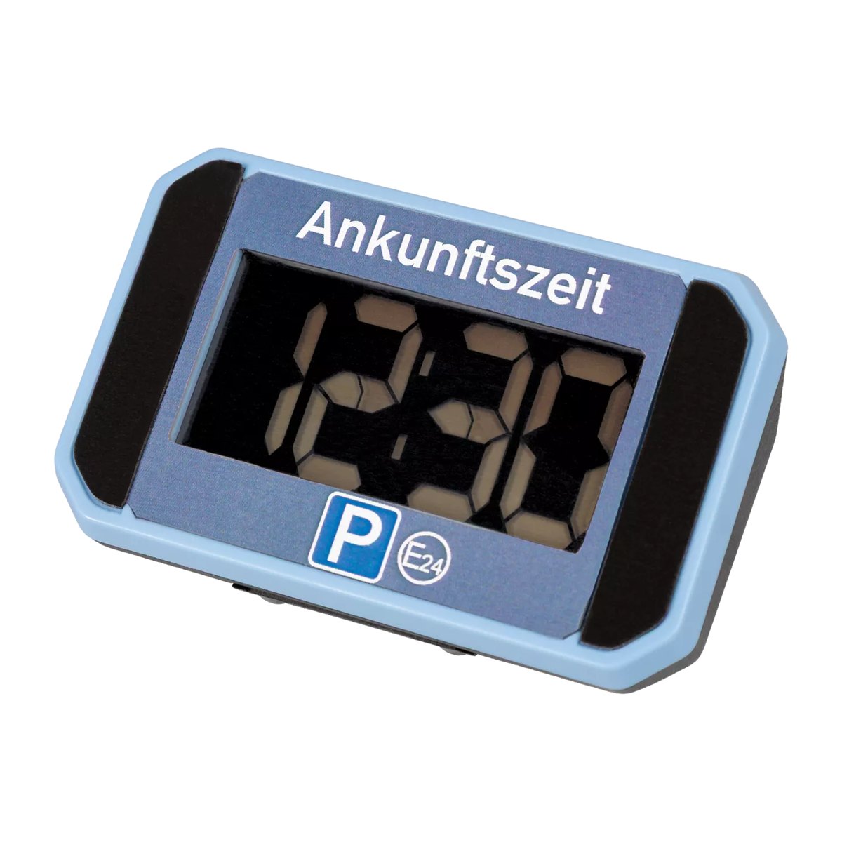 Vorderseite der hellblauen RIDE+GO Parkscheibe mit dem Wort Ankunftszeit, Digitalanzeige, blauem Parken-Zeichen und E24-Kennzeichen