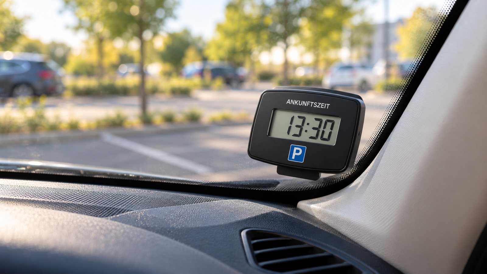 Symbolbild einer schwarzen elektronischen Parkzeitanzeige mit der Uhrzeit 13:30 an der Innenseite einer Windschutzscheibe, im Hintergrund ein Parkplatz