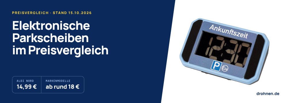 Banner mit dem Schriftzug Elektronische Parkscheiben im Preisvergleich, Eckdaten Aldi 14,99 Euro und Markenmodelle ab rund 18 Euro