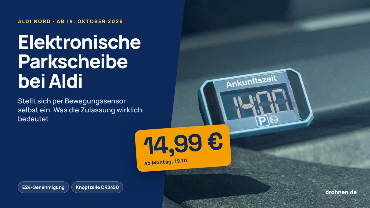 Grafik mit dem Schriftzug Elektronische Parkscheibe bei Aldi und einem Preisschild über 14,99 Euro, daneben die Parkscheibe hinter einer Windschutzscheibe