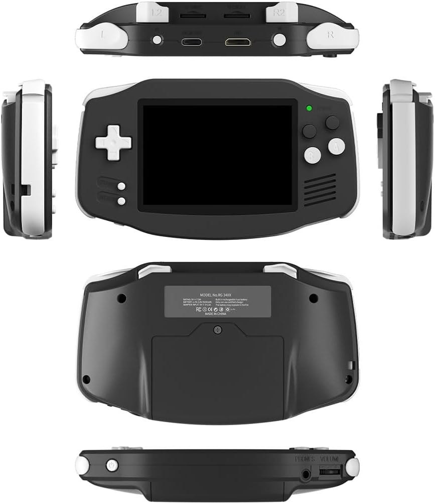Anbernic RG34XX im Game-Boy-Advance-Stil in Vorder-, Rück- und Seitenansichten