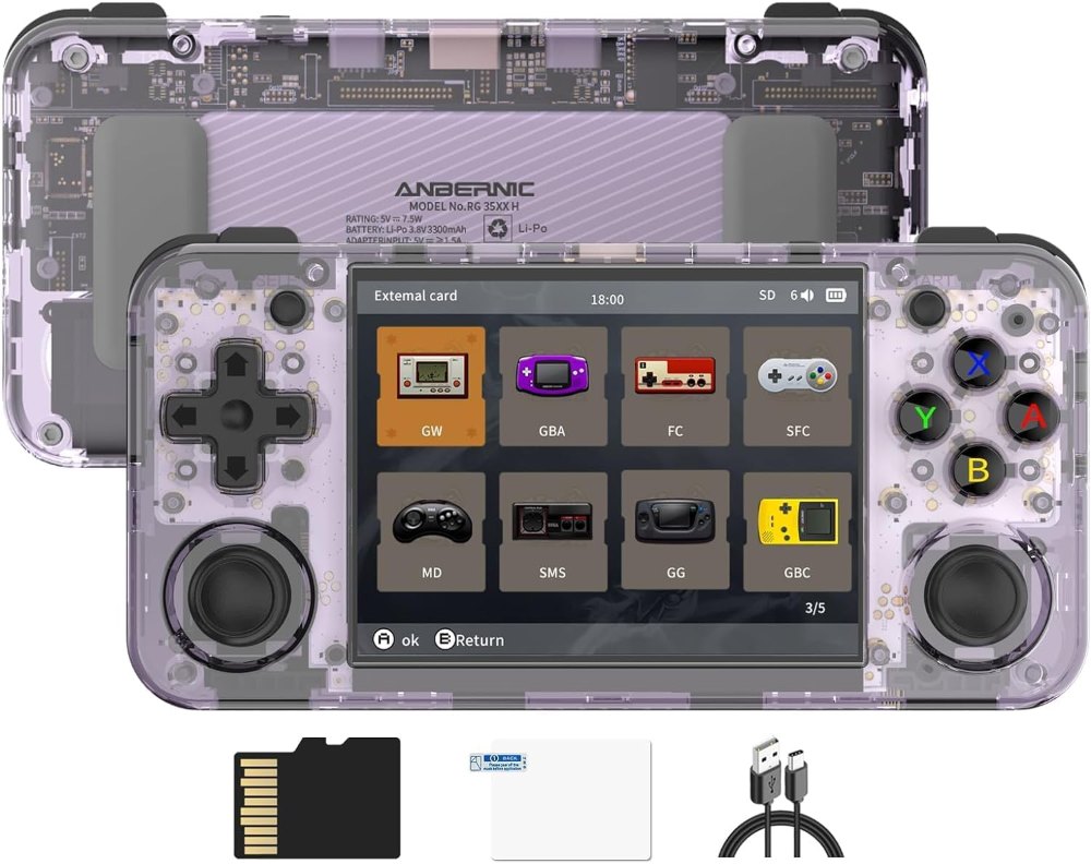 Anbernic RG35XX H im transparenten Lila-Gehäuse mit microSD-Karte und USB-Kabel aus dem Lieferumfang