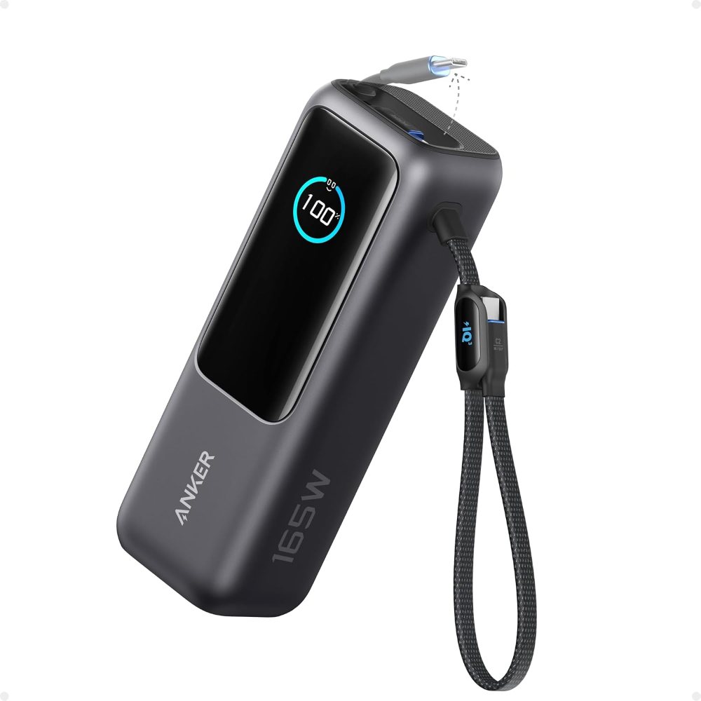 Anker Laptop-Powerbank mit 165 Watt und 25.000 mAh mit ausziehbarem USB-C-Kabel in der Produktansicht