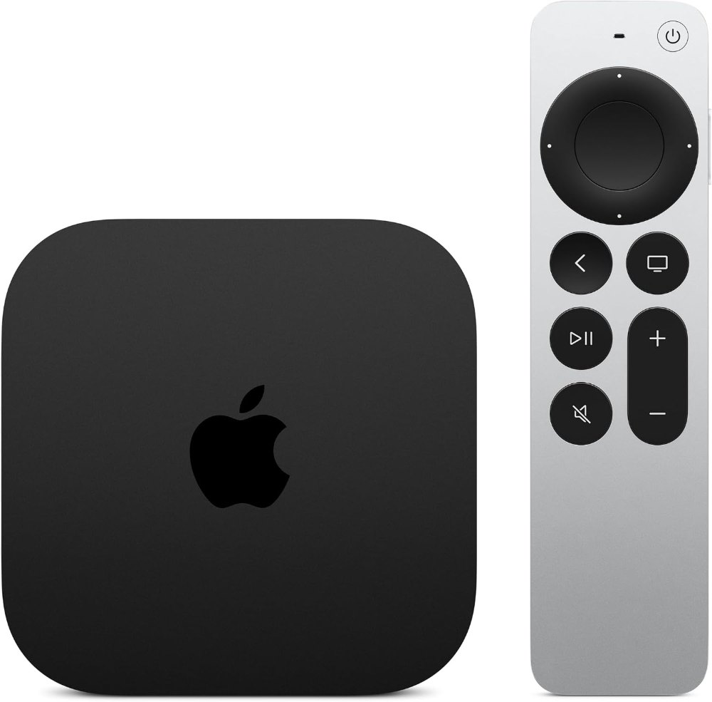 Apple TV 4K der 4. Generation als schwarze Box neben der silbernen Siri Remote mit USB-C