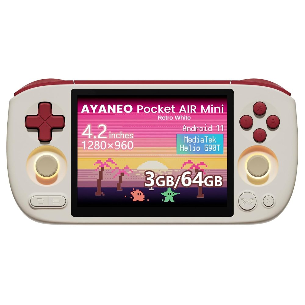 AYANEO Pocket AIR Mini im Querformat in Creme mit roten Tasten und eingeschaltetem Display