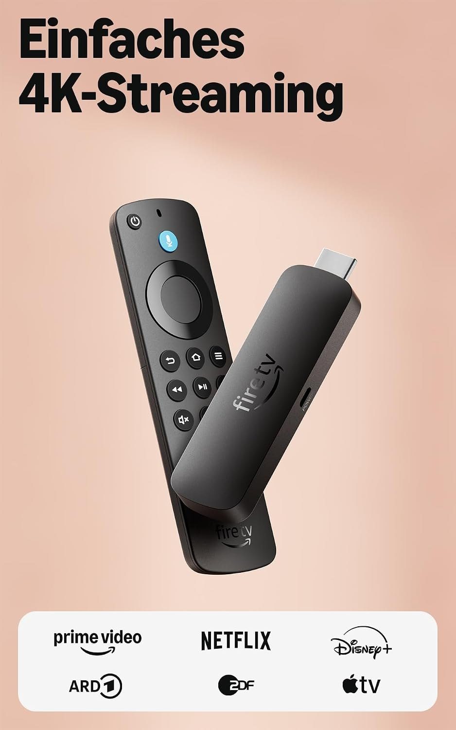 Amazon Fire TV Stick 4K Select mit Alexa-Sprachfernbedienung vor hellem Hintergrund